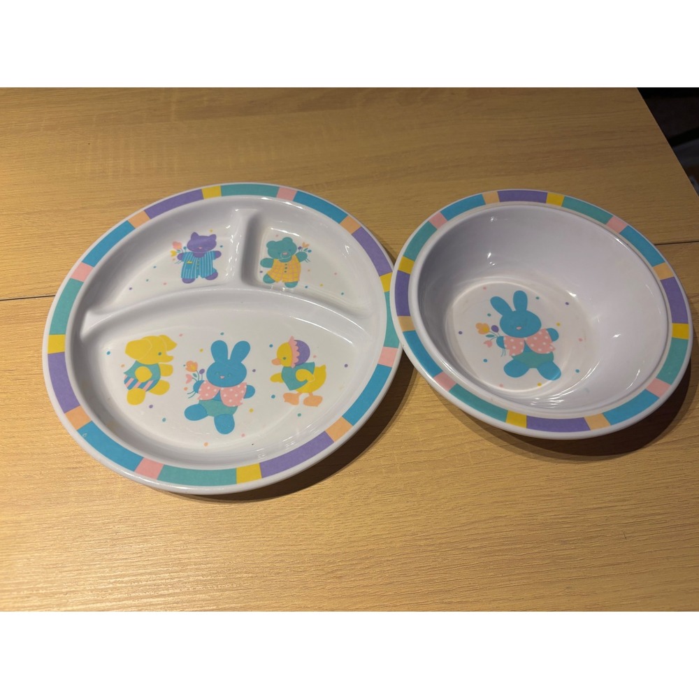Vintage Hallmark Melamine Divided Plate and Bowl Set Pastel Animals Bunny Bear